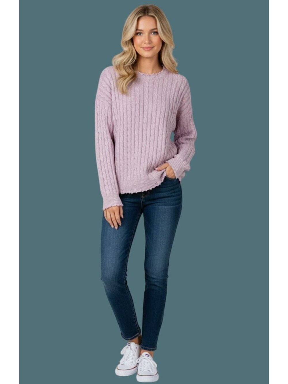 Easel Cable Knit Distressed Pink Sweater - 100% Cotton - Women Size S